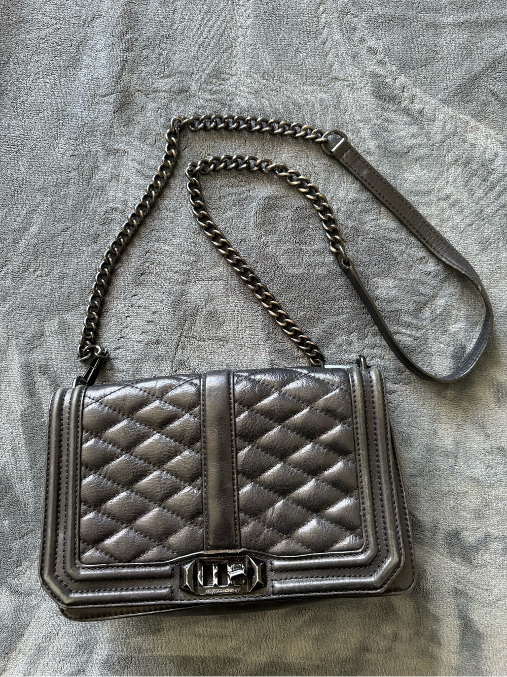 Rebecca Minkoff Love Crossbody Black Quilted Leather Bag Gunmetal Chain